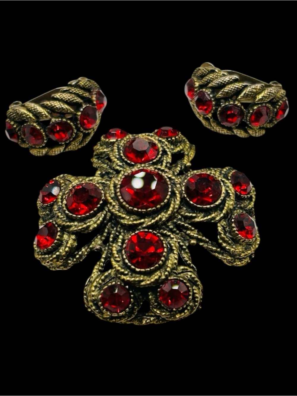 Vintage Volcanic Red Har Maltese Cross Brooch and Earring Demi Set